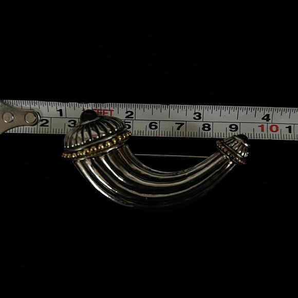 Vintage Cornucopia Style Silver Tone Brooch w/ Gold and Black Enamel Highlights - Picture 2 of 6